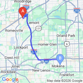 Route from Bolingbrook to Mokena office