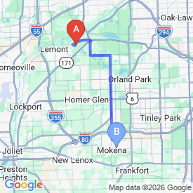 Route from Homer Glen to Mokena office