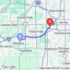 Route from Oak Forest to Mokena office