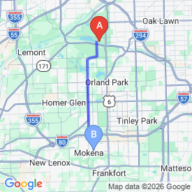 Route from Orland Hills to Mokena office