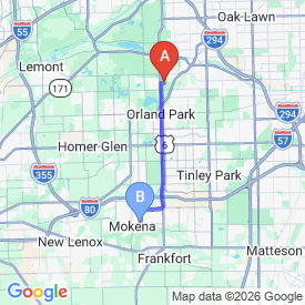 Route from Orland Park to Mokena office